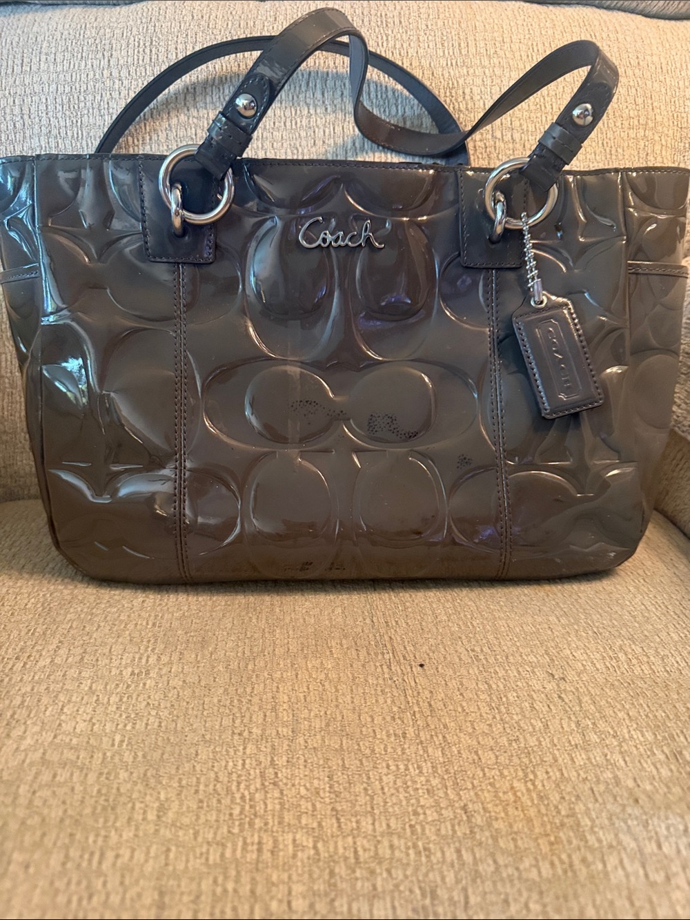 Coach Patent Leather Signature Tote - Olive Green